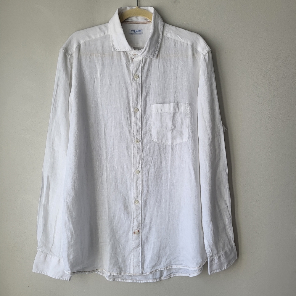 Tom James Men's White Casual Button Down Classic Coastal Vacation Linen Shirt